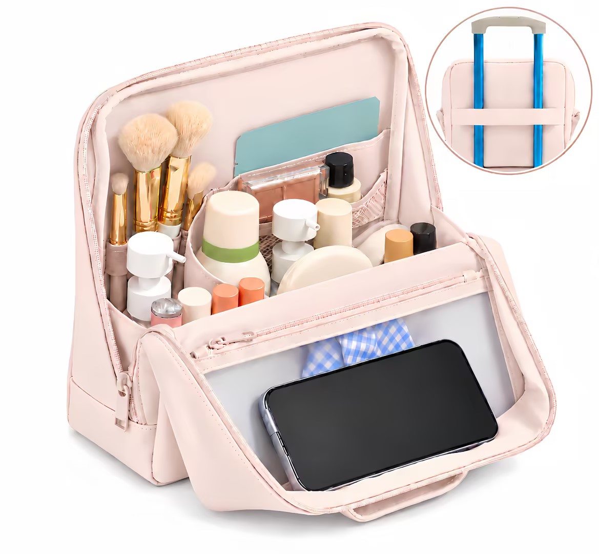  VIVTROVK X-Large Travel Makeup Bag with Magnetic Fold-Down Flap, Soft PU Leather Cosmetic Organizer for Women, Rose Pink
