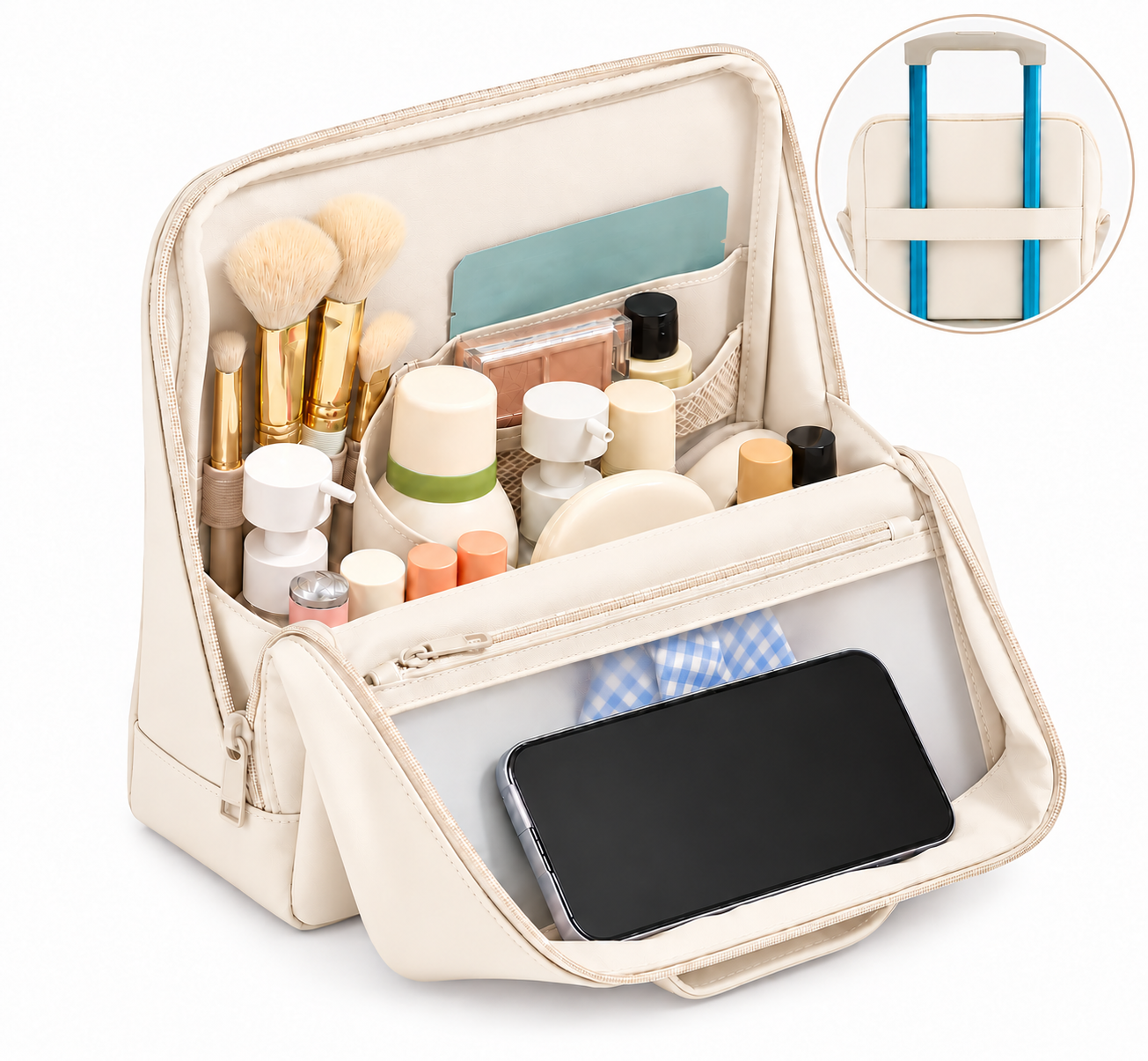 VIVTROVK X-Large Travel Makeup Bag with Magnetic Fold-Down Flap, Soft PU Leather Cosmetic Organizer for Women, Cream Apricot