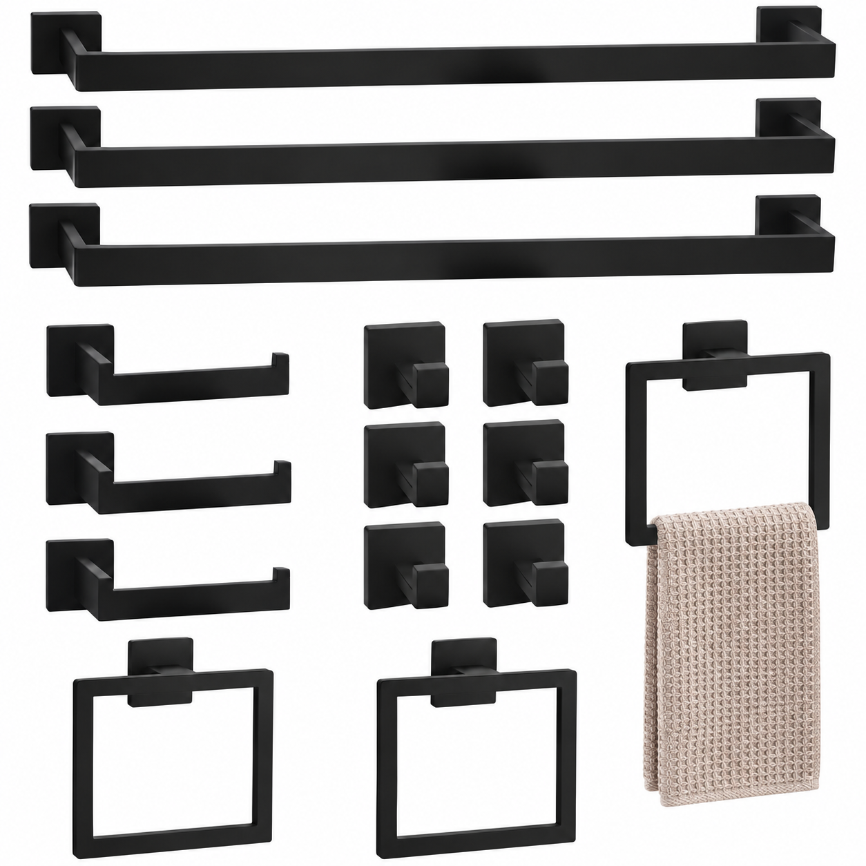 VIVTROVK 15-Piece Bathroom Hardware Set with Towel Bar, Hook, Paper Holder and Ring