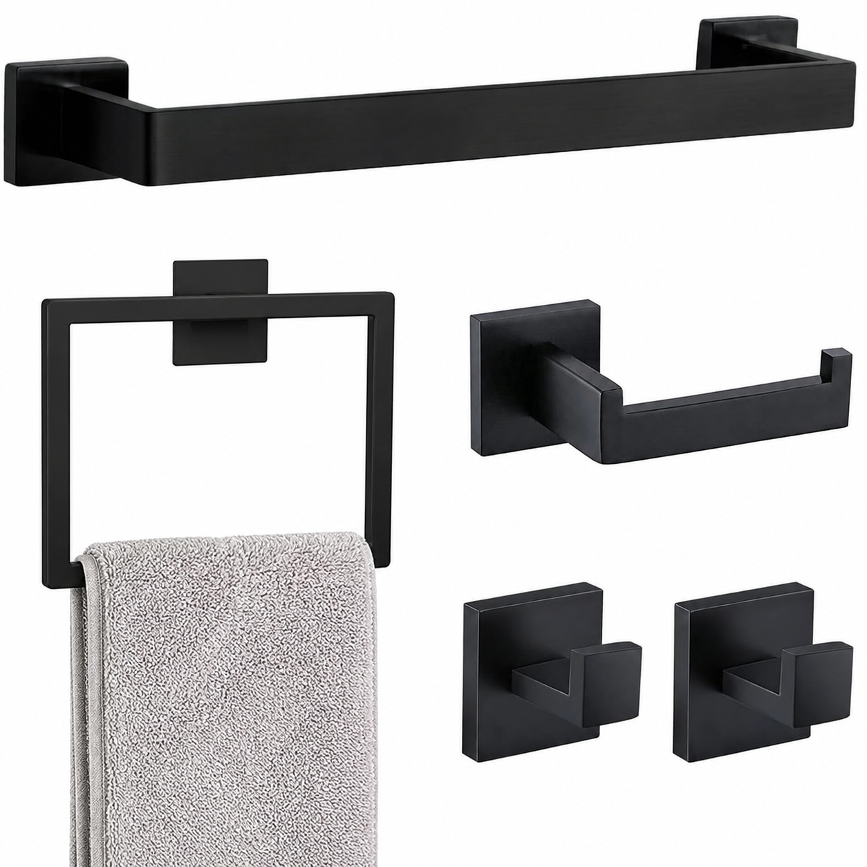 VIVTROVK 5-Piece Bathroom Hardware Set with Towel Bar, Hook, Paper Holder and Ring