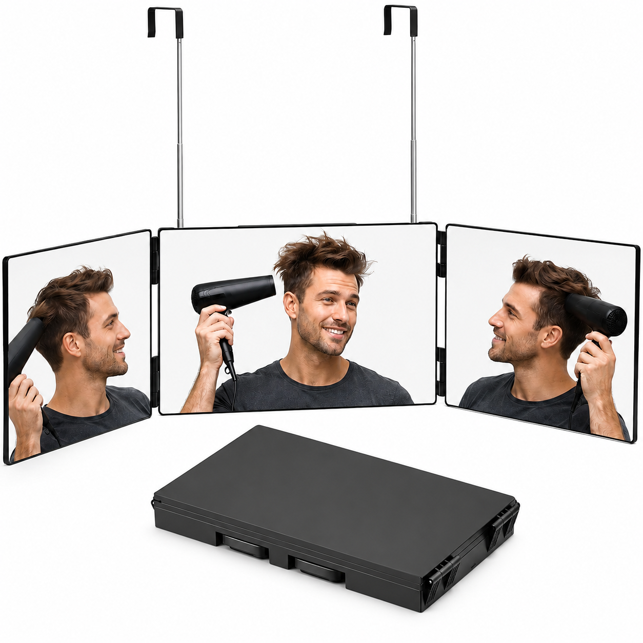 VIVTROVK 3-Way Self Hair Cutting Mirror 10.8x6.7x1.1in, Height Adjustable Telescopic Hooks, 360 View for Back of Head, Portable Barber Mirror for Men Home Use